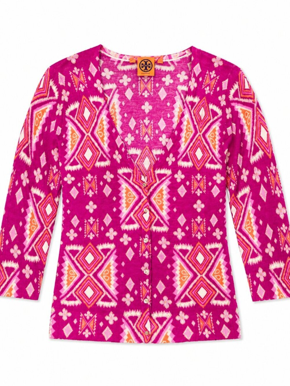 Tory Burch 100% Merino Wool Pink Print Cardigan Sweater Size Small